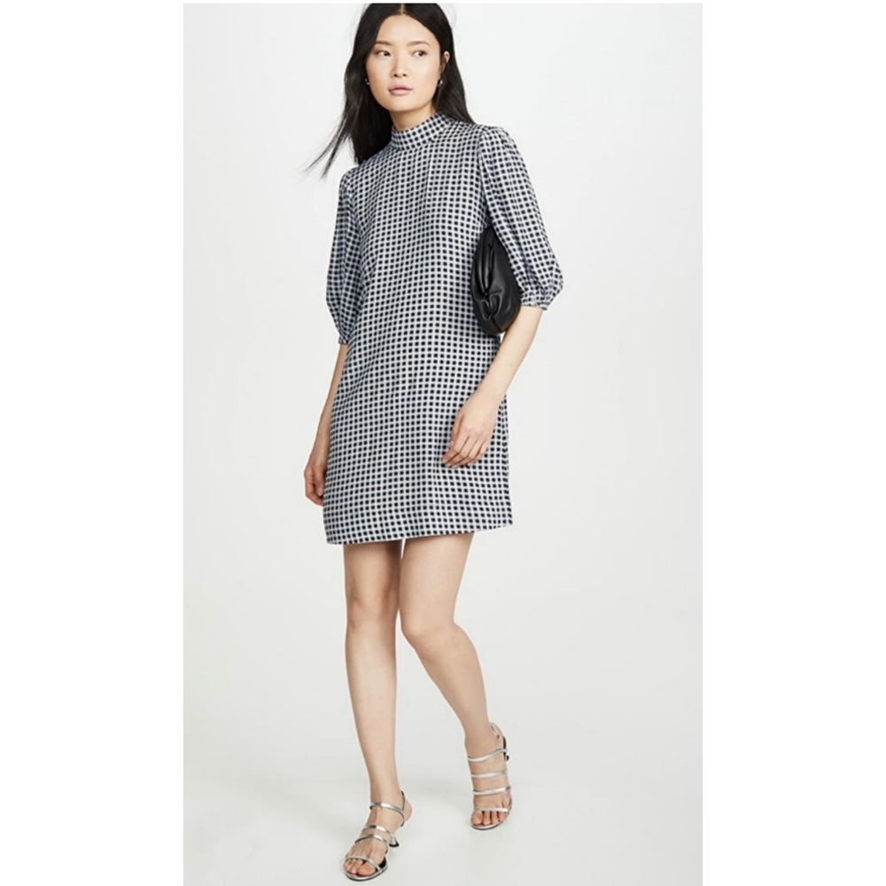 GANNI Gingham Mock Neck Puff Sleeve Dress Size 36 Small Brunnera Blue NEW